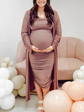 Ruched Cowl Neck Two Piece Spaghetti Strap Long Dress And Duster Coat Long Sleeve Babyshower Maternity Maxi Dress Maternity