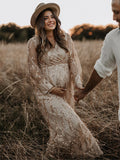 Apricot Sequin Tassel Tulle Ruched Cross Chest Multi Way Tie Back V-neck Elegant Boho Photoshoot Maternity Maxi Dress Maternity