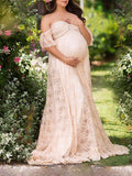 Solid Color Lace Off Shoulder Cap Sleeve Photoshoot Maternity Maxi Dress Maternity