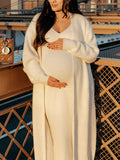 White Knitting V-Neck Bodycon Two Pieces Cardigan Elegant Baby Shower Maternity Maxi Sweater Dress Maternity