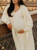White Knitting V-Neck Bodycon Two Pieces Cardigan Elegant Baby Shower Maternity Maxi Sweater Dress Maternity