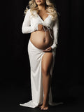 White 2 Pieces Ruched Drawstring Knot Side Slit Backless V-neck Baby Shower Photoshoot Maternity Maxi Dress Maternity