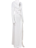 White 2 Pieces Ruched Drawstring Knot Side Slit Backless V-neck Baby Shower Photoshoot Maternity Maxi Dress Maternity