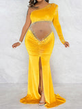 Elegant Velvet Side Slit Rhinestones Sparkly Grenadine Transparent Mermaid Floor Mopping Maternity Occasion Maxi Dress Maternity