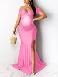 Solid Color Off Shoulder Side Slit Bodycon Mermaid Prom Evening Party Gwon Maternity Maxi Dress Maternity