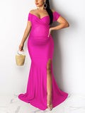Solid Color Off Shoulder Side Slit Bodycon Mermaid Prom Evening Party Gwon Maternity Maxi Dress Maternity