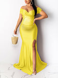 Solid Color Off Shoulder Side Slit Bodycon Mermaid Prom Evening Party Gwon Maternity Maxi Dress Maternity