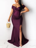 Solid Color Off Shoulder Side Slit Bodycon Mermaid Prom Evening Party Gwon Maternity Maxi Dress Maternity