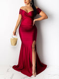 Solid Color Off Shoulder Side Slit Bodycon Mermaid Prom Evening Party Gwon Maternity Maxi Dress Maternity