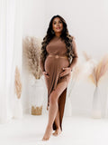 Light Coffee Bodycon Side Slit Cutout Bare Waist Cascading Ruffle Party Photoshoot Maternity Maxi Dress Maternity