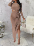 Light Coffee Bodycon Side Slit Cutout Bare Waist Cascading Ruffle Party Photoshoot Maternity Maxi Dress Maternity