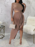 Light Coffee Bodycon Side Slit Cutout Bare Waist Cascading Ruffle Party Photoshoot Maternity Maxi Dress Maternity