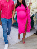 One Shoulder Feather Splicing Side Slit Bodycon Evening Maternity Baby Shower Midi Dress Maternity