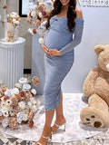 Blue Ruched Off Shoulder Cross Chest Bodycon Elegant Wedding Guest Maternity Photoshoot Midi Dress Maternity