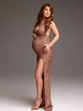 Rose Gold Glitter Sparkly Backless Slit Tie Back Photoshoot Party Maternity Maxi Dress Maternity
