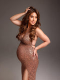Rose Gold Glitter Sparkly Backless Slit Tie Back Photoshoot Party Maternity Maxi Dress Maternity