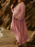 Slit Deep V-neck Lantern Sleeve Elegant Photoshoot Maternity Maxi Dress Maternity
