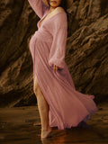 Slit Deep V-neck Lantern Sleeve Elegant Photoshoot Maternity Maxi Dress Maternity