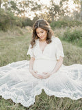Boho Lace White V-Neck Short Sleeve Ruffle Embroidery High Waist Photoshoot Maternity Maxi Dress Maternity