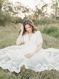 Boho Lace White V-Neck Short Sleeve Ruffle Embroidery High Waist Photoshoot Maternity Maxi Dress Maternity