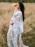 Boho Lace Splicing Tassel Embroidery V-Neck Flare Sleeve Sheer Photoshoot Maternity Maxi Dress Maternity