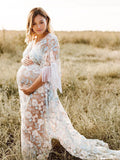 Boho Lace Splicing Tassel Embroidery V-Neck Flare Sleeve Sheer Photoshoot Maternity Maxi Dress Maternity