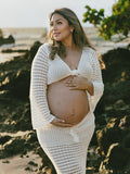 White Tie Front Crop V-Neck Crochet Beach Vacation Photoshoot Maternity Maxi Dress Maternity