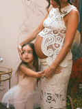 White Lace Cut Out Crop Hollow Irregular 2-in-1 Babyshower Maternity Maxi Dress Maternity