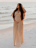 V-Neck Linen Cotton Bohemian Backless Thigh High Side Slits Tassel Vacation Photoshoot Maternity Maxi Dress Maternity