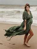 V-Neck Linen Cotton Bohemian Backless Thigh High Side Slits Tassel Vacation Photoshoot Maternity Maxi Dress Maternity