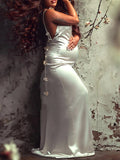 White 3D Flowers Cami Backless V-neck Mermaid Evening Elegant Wedding Gown Maternity Photoshoot Baby Shower Maxi Dress Maternity