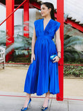 Blue Satin Pleated Deep V-neck Sleeveless Big Swing Elegant Work Wedding Guest Maternity Photoshoot Baby Shower Maxi Dress Maternity