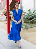 Blue Satin Pleated Deep V-neck Sleeveless Big Swing Elegant Work Wedding Guest Maternity Photoshoot Baby Shower Maxi Dress Maternity