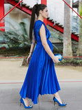 Blue Satin Pleated Deep V-neck Sleeveless Big Swing Elegant Work Wedding Guest Maternity Photoshoot Baby Shower Maxi Dress Maternity