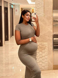 Solid Color Round Neck Short Sleeve Bodycon Chic Basic Going Out Daily Maternity Baby Shower Maxi Dress Maternity