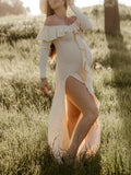 Apricot Off Shoulder Side Slit Ruffle Falbala Draped Elegant Going Out Maternity Photoshoot Baby Shower Maxi Dress Maternity