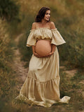Boho Solid Color Off Shoulder Backless Linen Cotton Ruffle 2-in-1 Crop Cap Sleeve Side Slit Photoshoot Maternity Maxi Dress Maternity