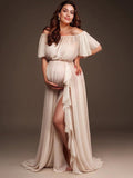 Solid Color Off Shoulder Backless Ruffle Side Slit Chiffon Photoshoot Maternity Maxi Dress Maternity