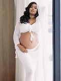 White Drawstring Crop Sheer Knitting 2-in-1 Bodycon Mermaid Beach Vacatiom Photoshoot Maternity Maxi Dress Maternity