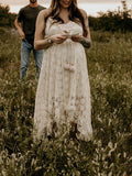 Lace Bohemian Spaghetti Strap Tassel Backless V-Neck Photoshoot Maternity Maxi Dress Maternity