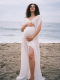 White Irregular Side Slit Off Shoulder Deep V-neck Flowy Beach Cover Up Elegant Vacation Maternity Photoshoot Baby Shower Maxi Dress Maternity