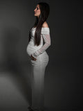 White Off Shoulder Sparkly Back Slit Sheer Bodycon Elegant Baby Shower Evening Photoshoot Maternity Maxi Dress Maternity