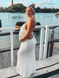 White Drawstring Halter Neck Backless Bodycon Knitting Sheer Photoshoot Maternity Maxi Dress Maternity