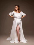 Solid Color Off Shoulder Backless Ruffle Crop Side Slit 2-in-1 Photoshoot Maternity Maxi Dress Maternity