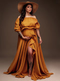Solid Color Off Shoulder Backless Ruffle Crop Side Slit 2-in-1 Photoshoot Maternity Maxi Dress Maternity