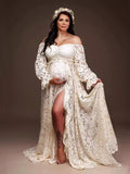 Boho Lace Off Shoulder Lace Tassel Crop 2-in-1 Side Slit Ruffle Photoshoot Maternity Maxi Dress Maternity