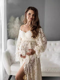 Boho Lace Off Shoulder Lace Tassel Crop 2-in-1 Side Slit Ruffle Photoshoot Maternity Maxi Dress Maternity