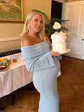 Blue Knitted Off Shoulder Bodycon Crochet Flare Sleeve Elegant Baby Moon Beach Vacation Maternity Photoshoot Baby Shower Maxi Dress Maternity