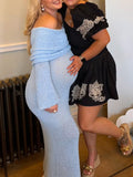 Blue Knitted Off Shoulder Bodycon Crochet Flare Sleeve Elegant Baby Moon Beach Vacation Maternity Photoshoot Baby Shower Maxi Dress Maternity