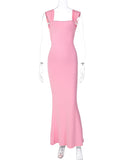 Pink Spaghetti Strap Backless Tie Back Bandage Mermaid Bodycon Elegant Baby Shower Maternity Maxi Dress Maternity